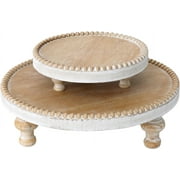 Rustic Set of 2 Round Wood Tray Riser Farmhouse Pedestal Stand with Beaded Edge for Decor Wooden Finish Cupcake Display for Cakes and Decorative Items 11.8/7.5 inches